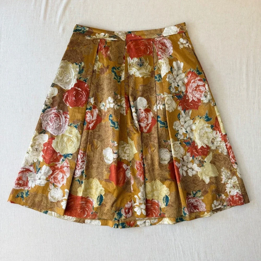Tahari Arthur‎ S Levine Cottagecore Floral Mustard A-Line Pleated Skirt 12